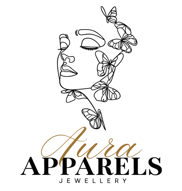 Aurora Apparels Jewellery logo featuring a black line art illustration of a woman's face adorned with butterflies, above the brand name in black and gold script on a white background.